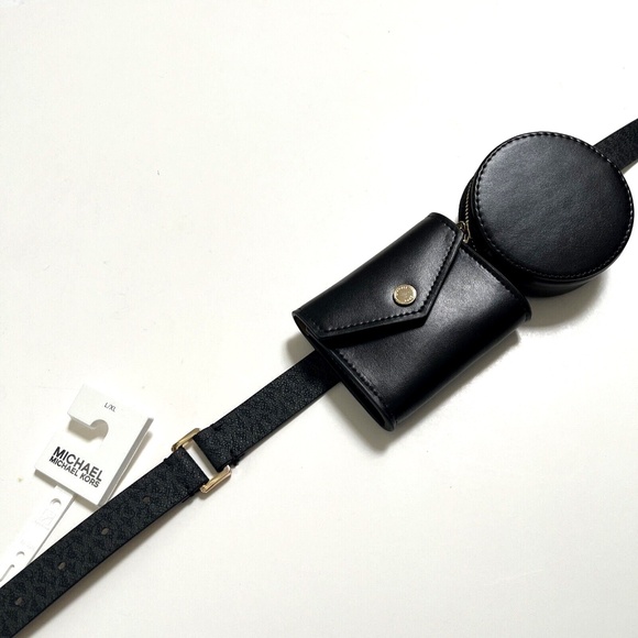 Michael Kors Double Pouch Belt Bag Black Leather MK Logo Waist Fanny Pack NWT - Picture 9 of 9